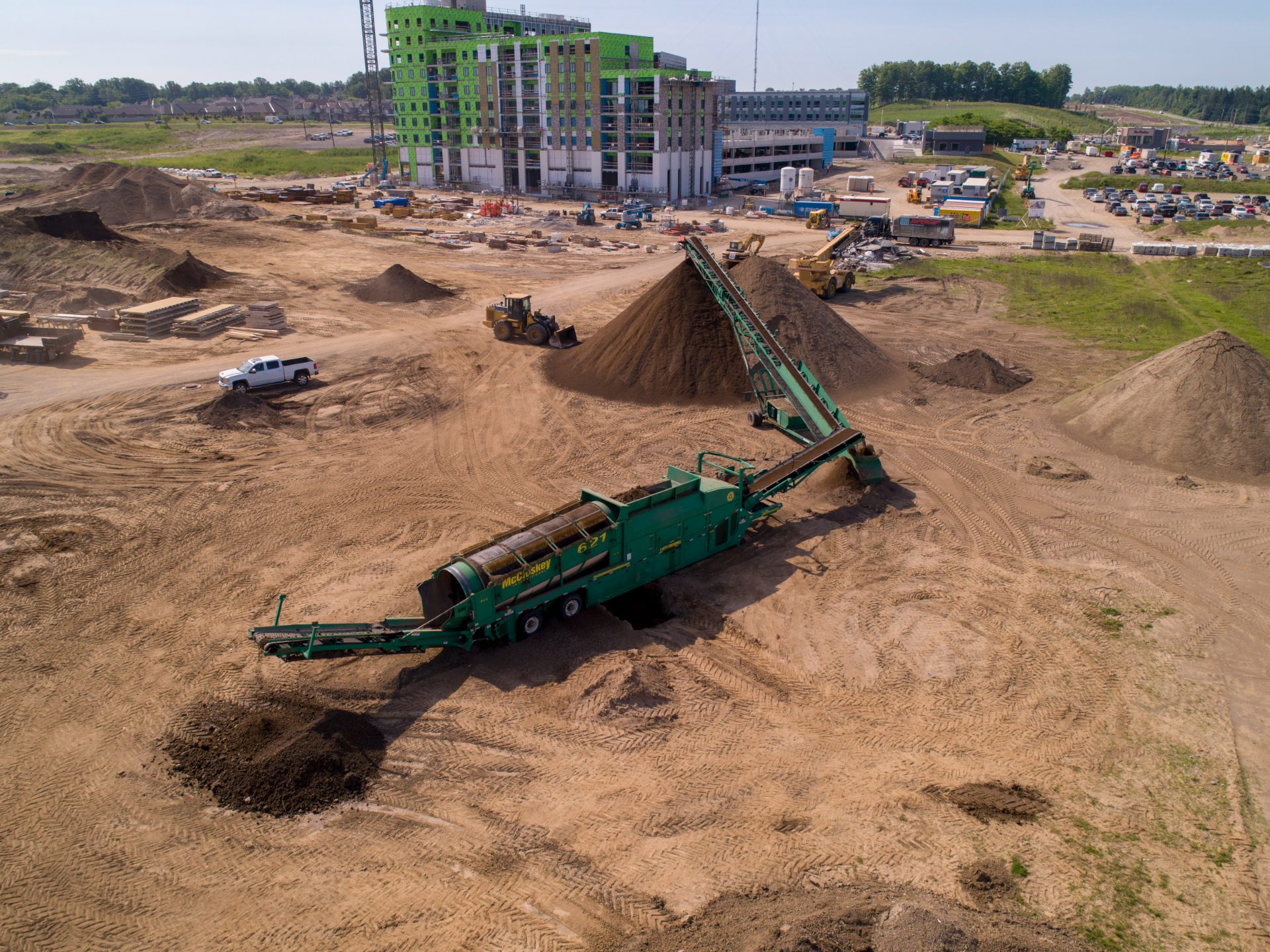 Aerial view of construction machinery at a job site, London Ontario.