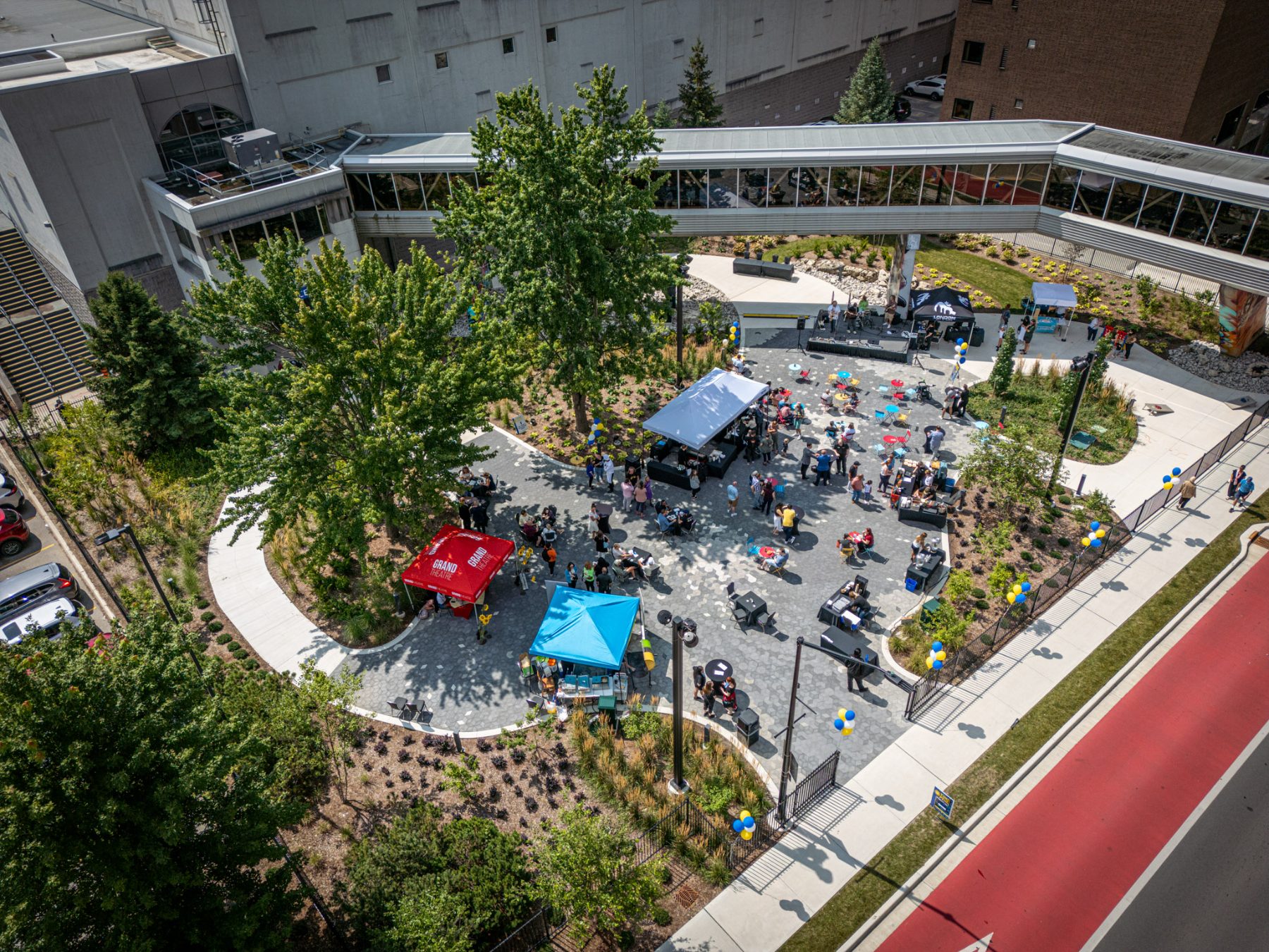 Aerial view of a completed landscape and patio installation at RBC Place, London Ontario